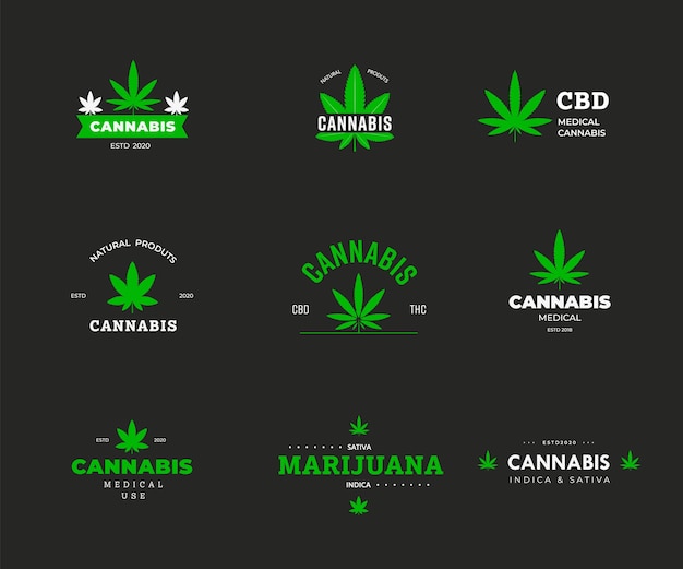 Vettore modello di logo di vettore con cannabis organica sbd e thc. etichetta grafica con una foglia di marijuana. icona e design dell'emblema di indica e sativa verde medica
