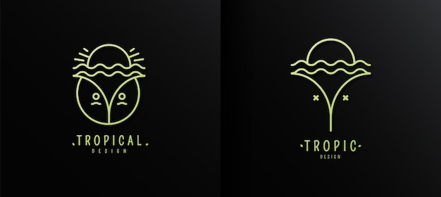 熱帯のココナッツ、波と夕日のベクトルのロゴ。ビジネス、休日、旅行代理店のデザインロゴ