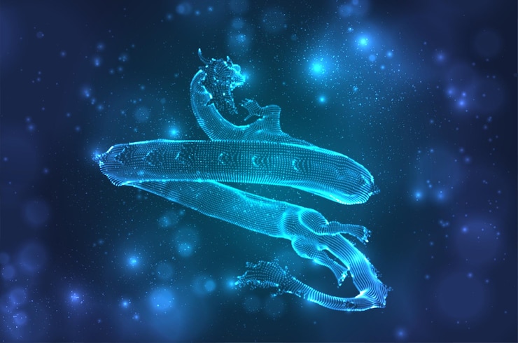 Vector vector long dragon snake on a deep dark blue background in square 3d polygon style