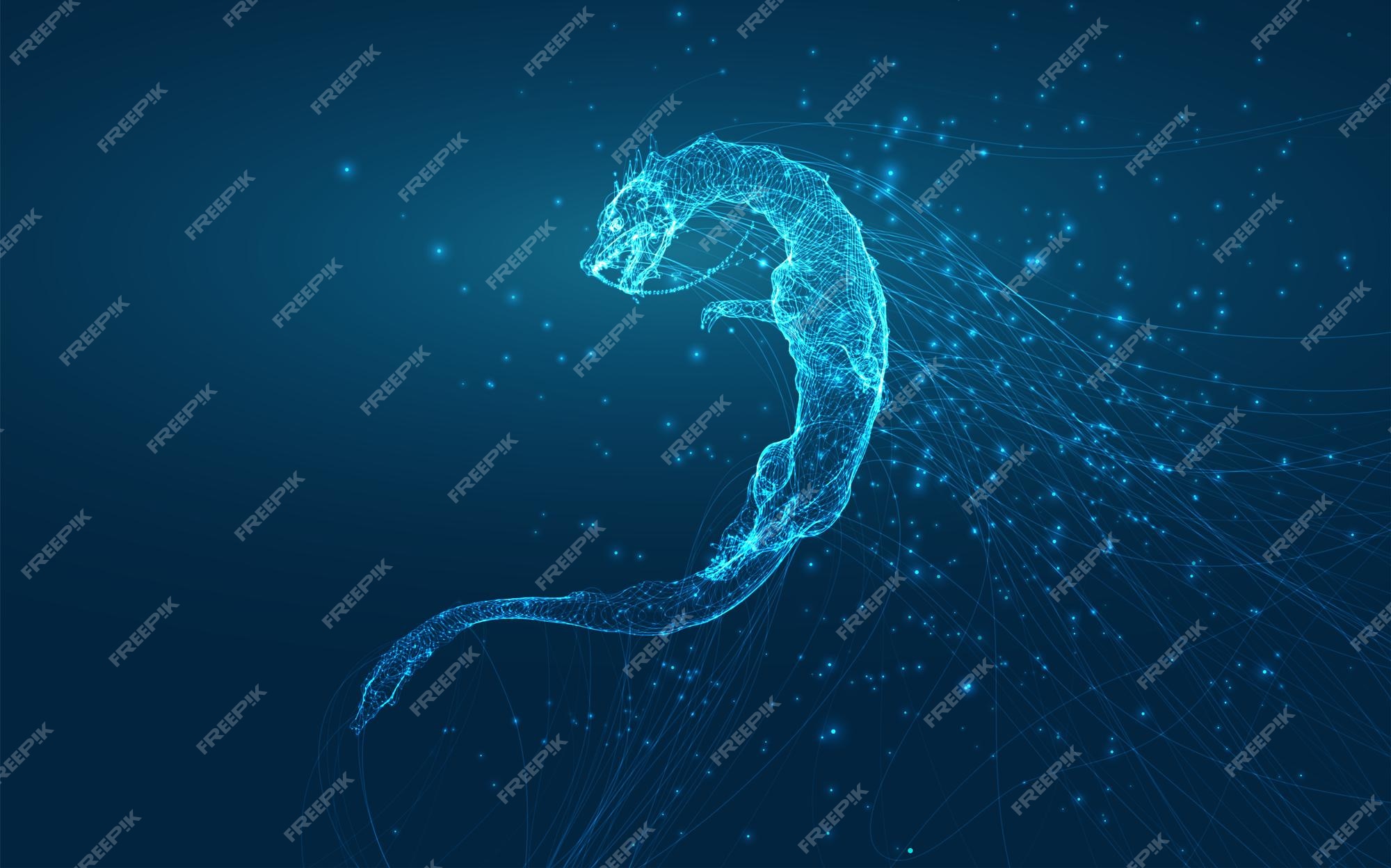 Premium Vector | Vector long dragon snake on a deep dark blue background in the style of magic glowing threads Premium Vector | Vector long dragon snake on a deep dark blue background in the style of magic glowing threads