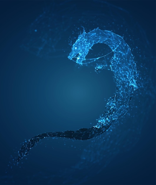 Vector long dragon snake on a deep dark blue background in the style of triangular polygons and glowing crystals