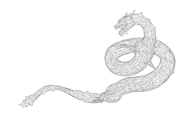 Vector long dragon snake isolated on white background in 3d polygon style