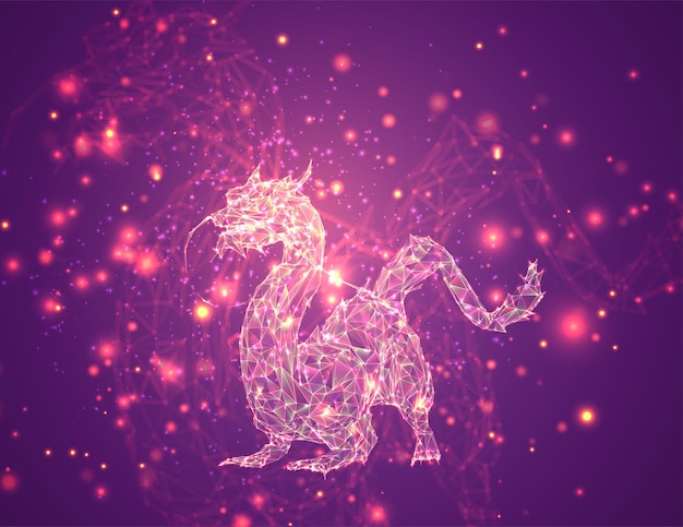 Vector long dragon snake on a pink background in the style of triangular crystals with a glow