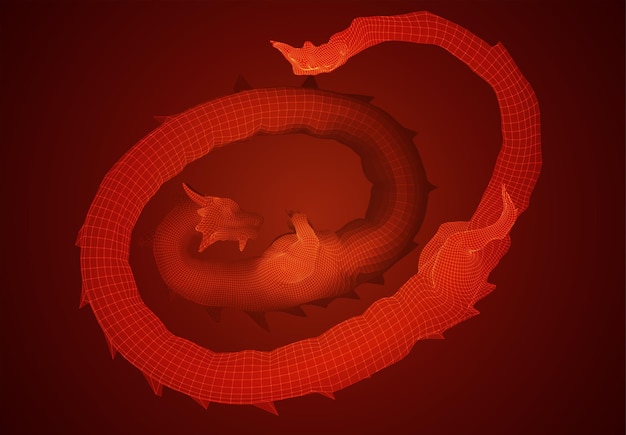 Vector long dragon snake on red background in 3d polygon style