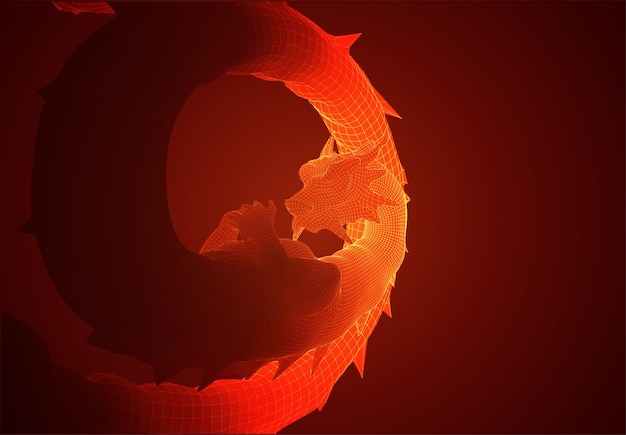 Vector vector long dragon snake on red background in 3d polygon style