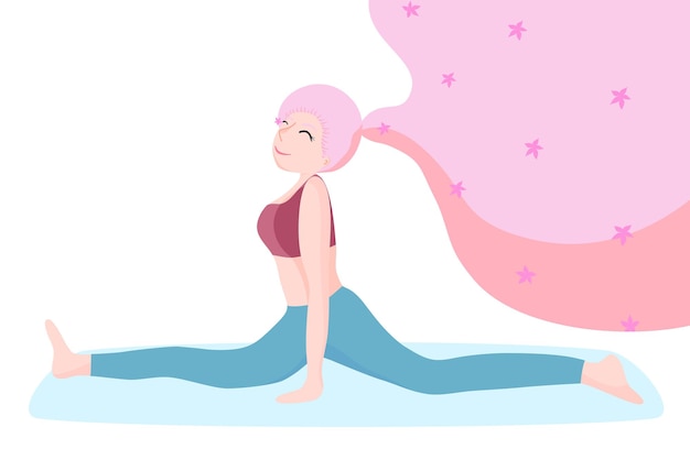 Vector of long pink hair female character in sport wear do yoga exercise on mat with happy face