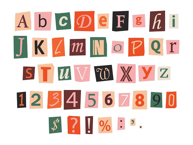 Vector losgeld lettertype in y2k-stijl letters cijfers en leestekens knipsels uit krant of tijdschrift criminal alfabet set retro losgeld kleurrijke tekst