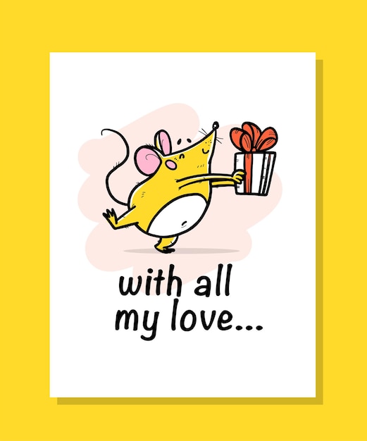 Vector love card template with  illustration of cute hand drawn yellow mouse character giving present box congratulation concept 2020 year mascot  for cards prints postcard banners stickers etc