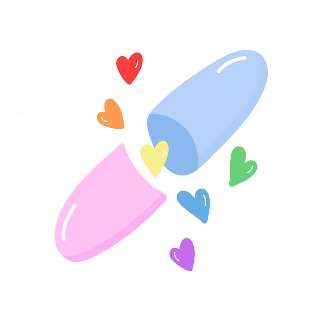 Vector love pill with lgbt color hearts. Happy valentine day card. All you need is love