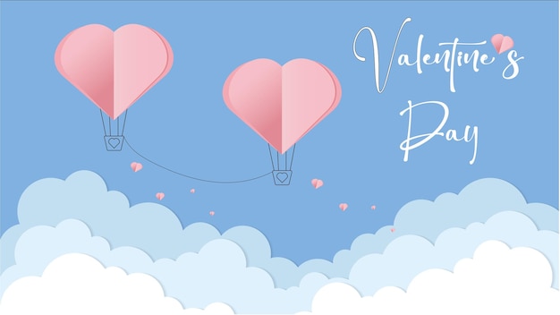 Vettore cartolina d'amore vettoriale per san valentino con palloncini collegati da una corda, nuvole di carta e ba blu