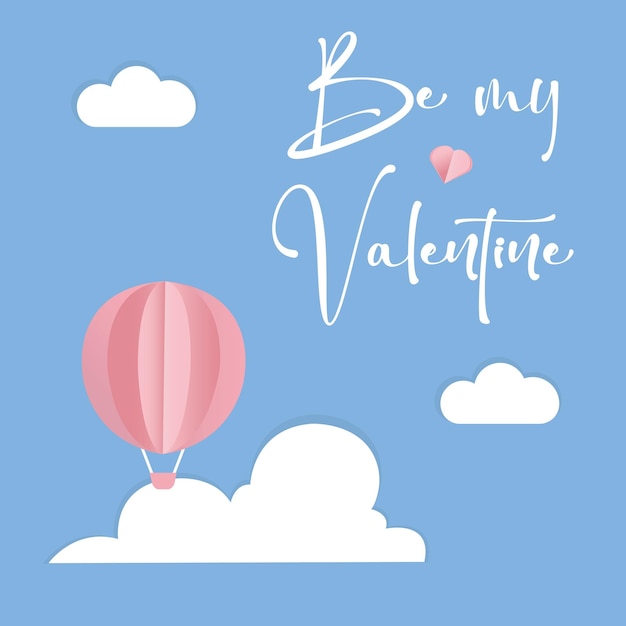 Vector love postcard for Valentine's Day with pink Balloon and flying hearts, paper cut clouds and b