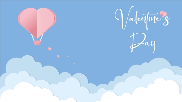 Vector love postcard for Valentine's Day with with heart shaped balloon and flying hearts, paper cut