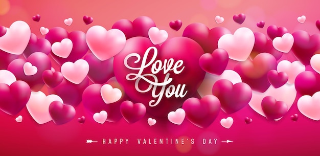 Vector love you happy valentines day design con cuore rosso e bianco e lettera tipografica