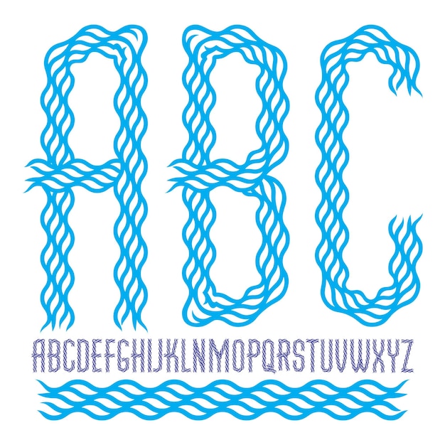Collezione di lettere dell'alfabeto inglese condensate in minuscolo vettoriale realizzata utilizzando linee ondulate, ritmo fluido.