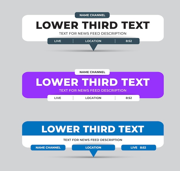 Vector lower third rectangular color dashboard with rounded corners for text channel name location News line template for tv video media Illustration for business concept Screen title set