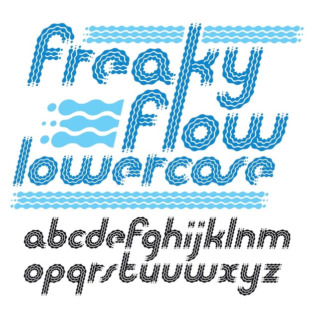 ベクトル小文字モダン ポップ アルファベット文字セット。丸みを帯びた太字の斜体レトロ フォント、typescript は、ロゴのデザイン要素として使用できます。波、流れるような線を使用して作成されました。