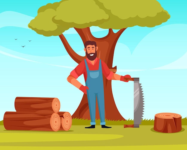 Vector vector lumberjack sawing and stacking wood