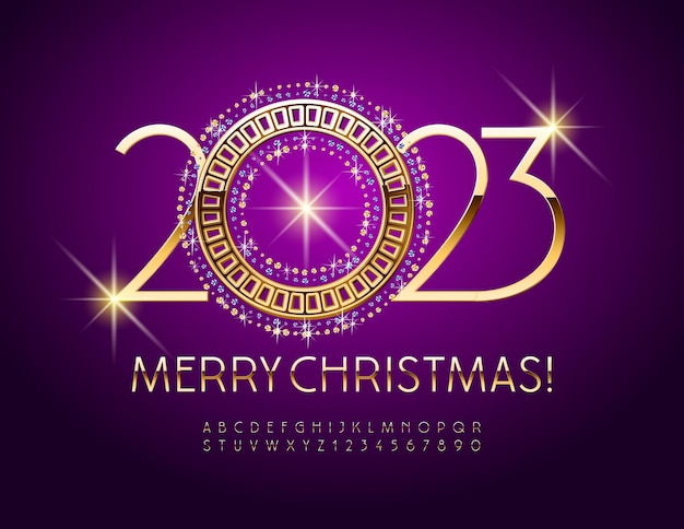 Vector luxe wenskaart Merry Christmas 2023 met goud en diamanten sneeuwvlok. Elegant chique lettertype