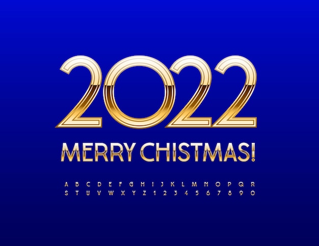 Cartolina d'auguri di lusso vettoriale merry christmas 2022 gold font elegante alfabeto lettere e numeri