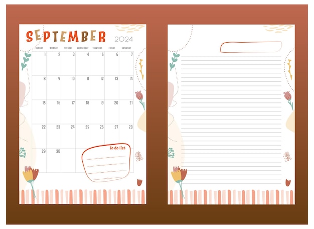 Vector maand planner september 2024 kalender met te doen lijst en notitie pagina met lijnen