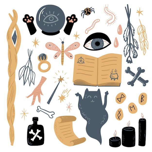 Vector vector magic collection with witchcraft and occultism symbols staff etc