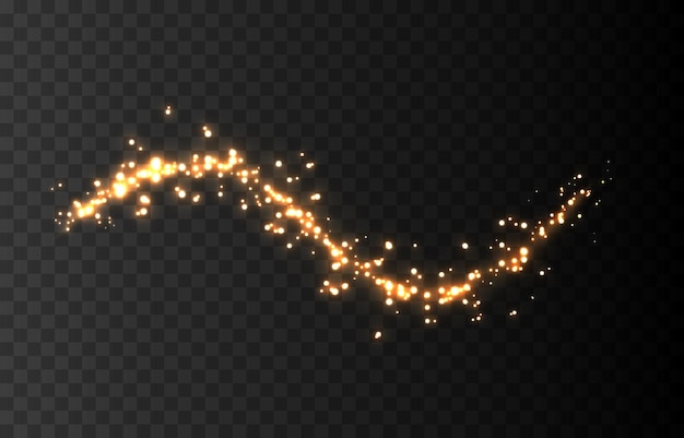 Vector magic dust trail png. gold dust, golden light on an isolated transparent background.