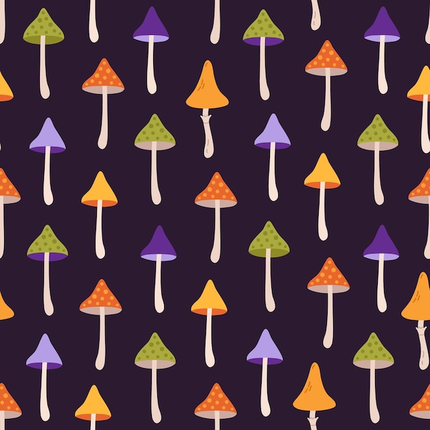 Vector magic fly agaric and mushrooms seamless pattern design Cute Halloween print