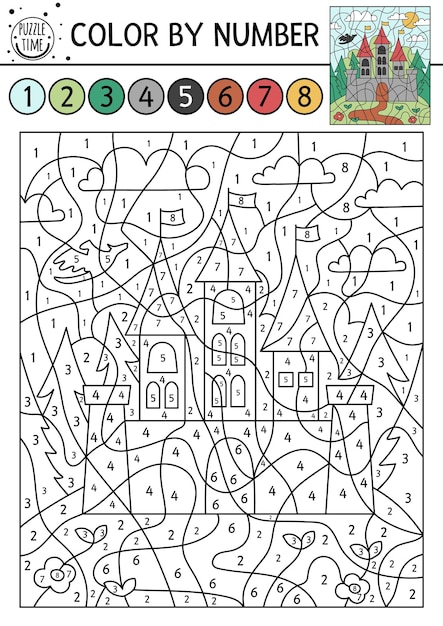 Vector vector magic kingdom color by number activity with castle fairytale counting game with cute fantasy forest landscape and king house funny coloring page for kids with palace and dragon xa