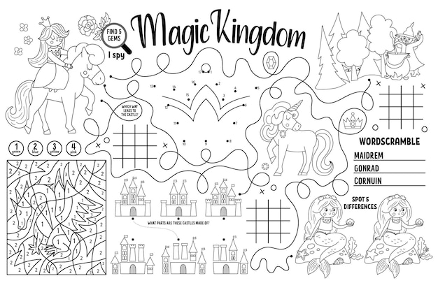 Vector Magic kingdom placemat for kids Fairytale printable activity mat with maze tic tac toe charts connect the dots find difference Black and white play mat or coloring pagexA