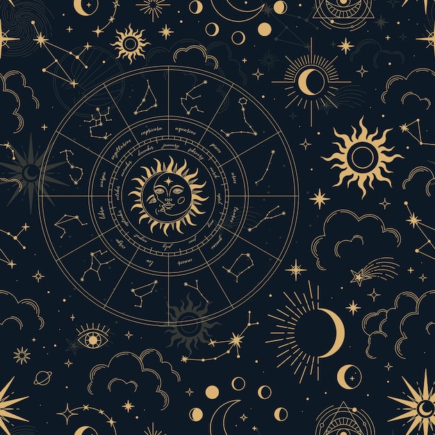 Vettore vector magic seamless pattern con costellazioni, ruota dello zodiaco, sole, luna, occhi magici, nuvole e stelle.