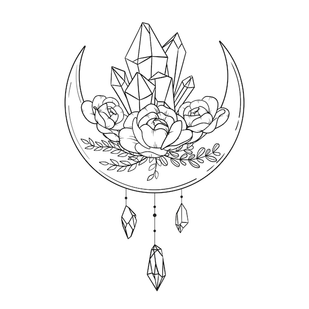 Vector magic witchcraft elements esoteric crescent moon crystal peony rose stars leaves line art