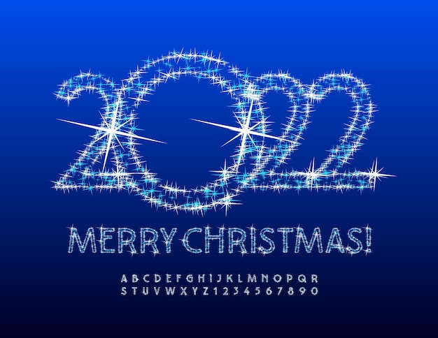 Cartolina d'auguri magica di vettore buon natale 2022 stelle scintillanti alfabeto lettere e numeri