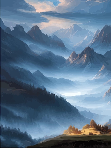 Vector vector magical mountain range landscape wild nature with coniferous forest and river beautiful sky