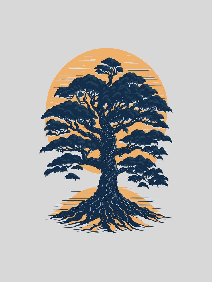 Vector vector of a majestic tree silhouetted against a full moon