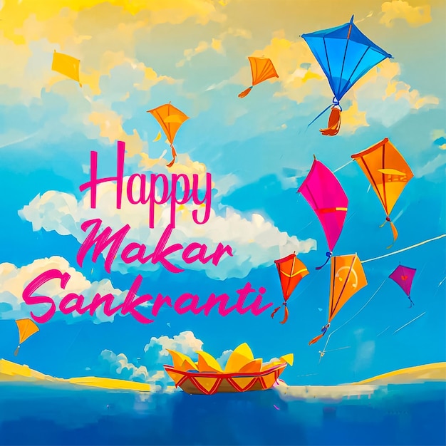 Vector makar sankranti festival in clear blue sky with kites banner template