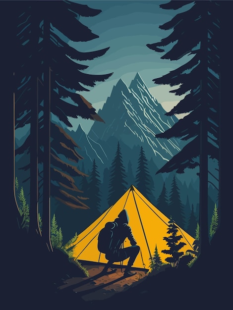 Vector of a man camping in the forest standing in front of his tent