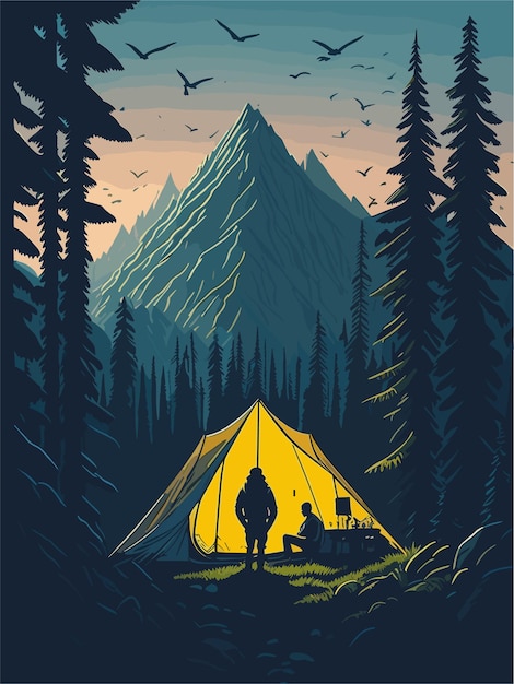 Vector of a man camping in the forest standing in front of his tent