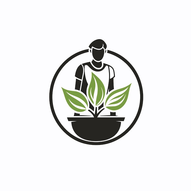 Vettore vettore di un uomo che tiene una pianta in vaso che simboleggia la crescita e la cura della natura