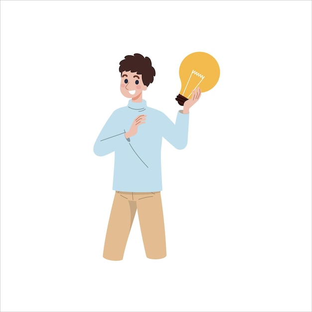 Vector a man holds a light bulb in his hand idea concept brainstorming business thinking solution