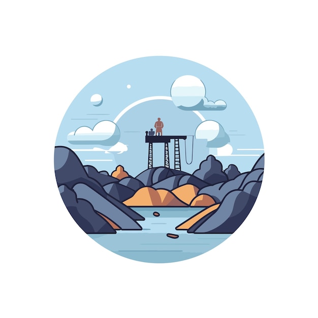 Vector vector of a man standing on top of a tower in the middle of a lake