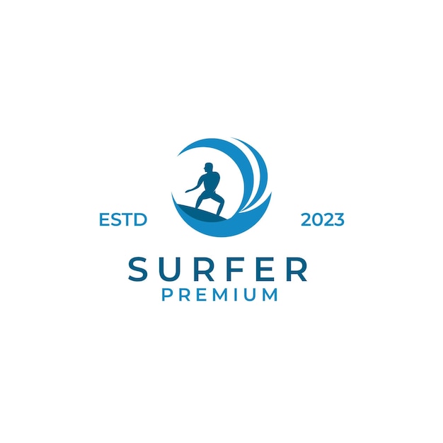 Idea dell'illustrazione di concetto di progettazione di logo di surf dell'uomo di vettore