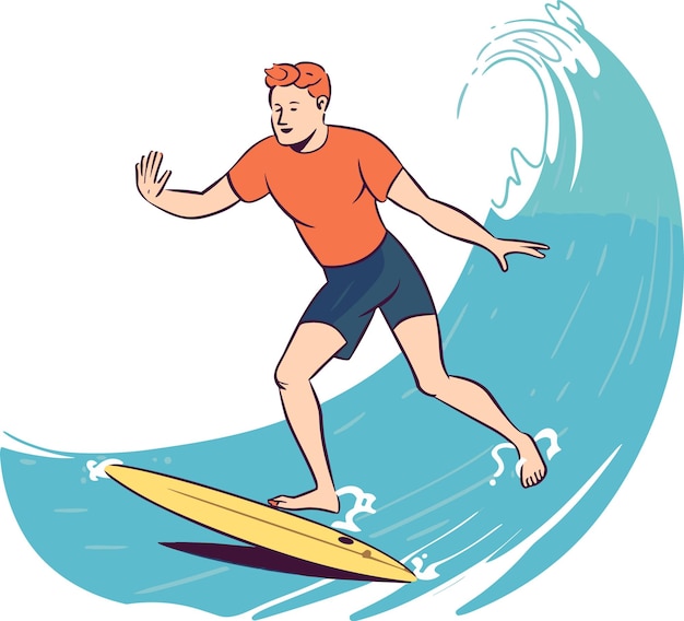 Vector man surfing on ocean waves white background