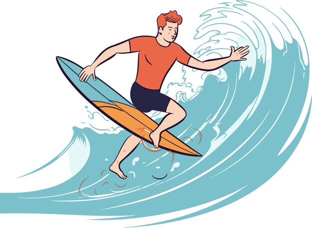 Vector man surfing on ocean waves white background