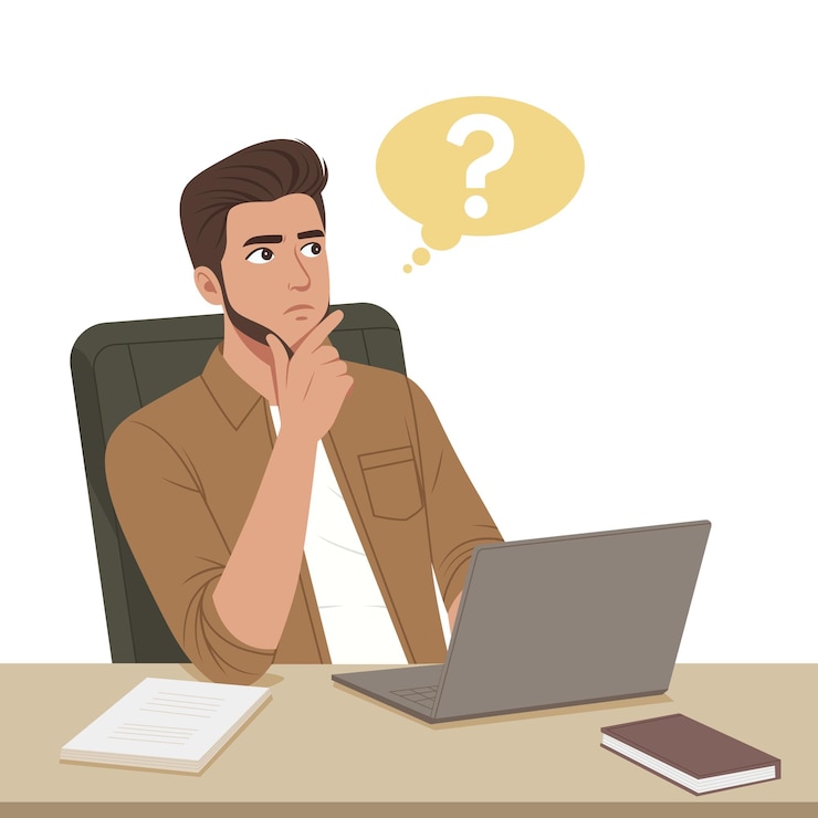 Vector vector of a man thinking while working on laptop in office business vector concept