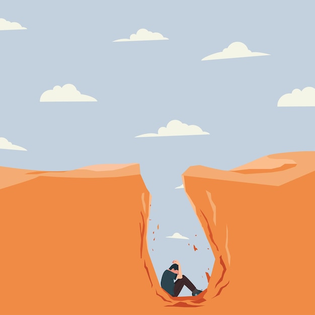 Vector vector man trapped into deep hole need help illustration