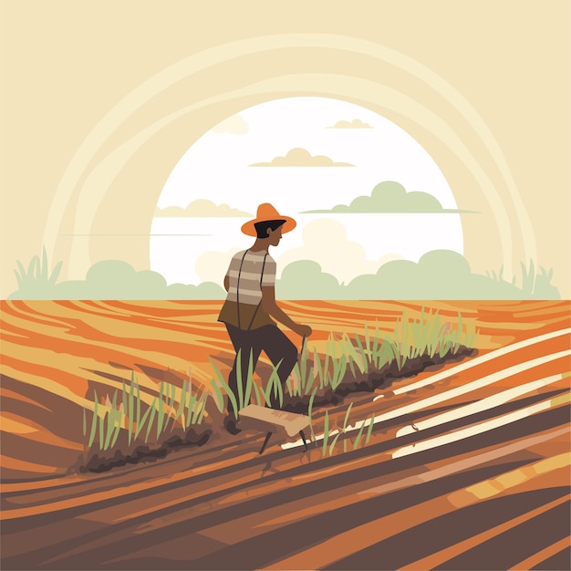 Vector vector of a man walking across a field with a hat on