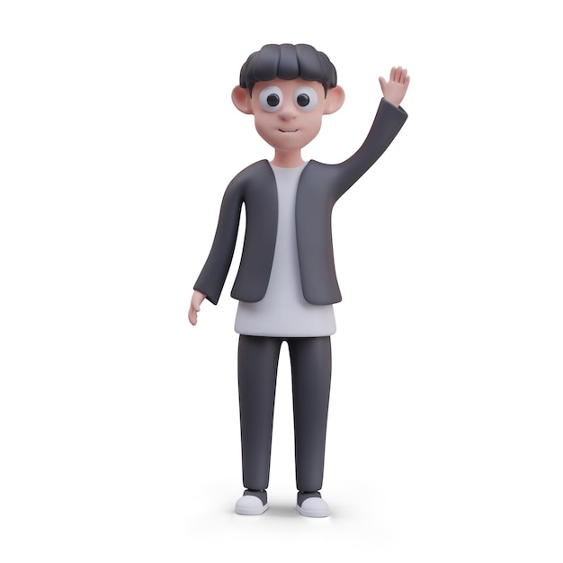 ベクター・マンが手を振って注目を集め黒い服を着た男性キャラクターが挨します