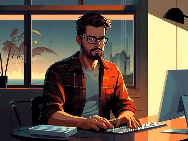 Vector Man werkt thuis geïsoleerd aan een computer.