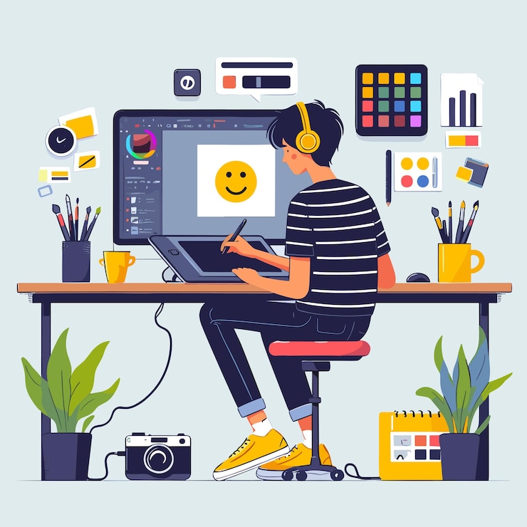 Vector vector man working on computer and graphic designing with pen tool