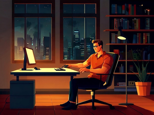 Vector Man working on computer at home isolated